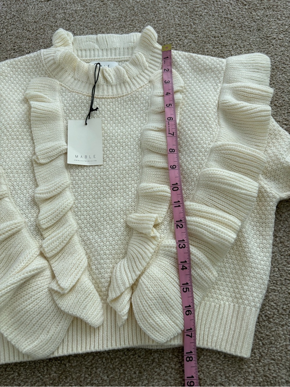 Mable Cropped Cream Ruffle Knit Sweater Top Size Small NWT Bohemian Preppy - Picture 7 of 7